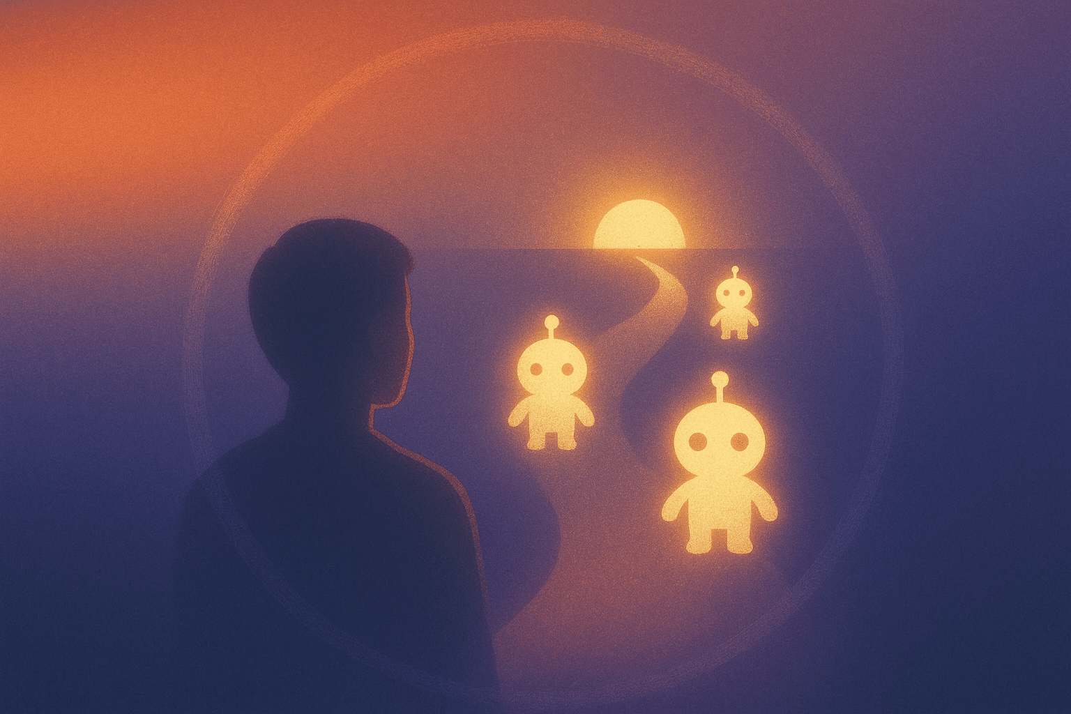 person-looking-at-sunset-with-robot-figures